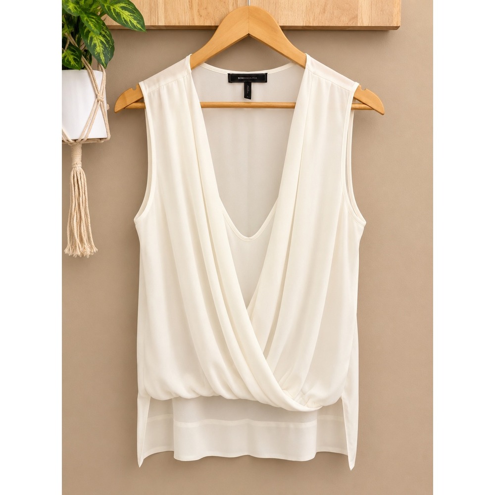 BCBGMAXAZRIA Antonella White Draped Surplice V-Neck Sleeveless Blouse Large